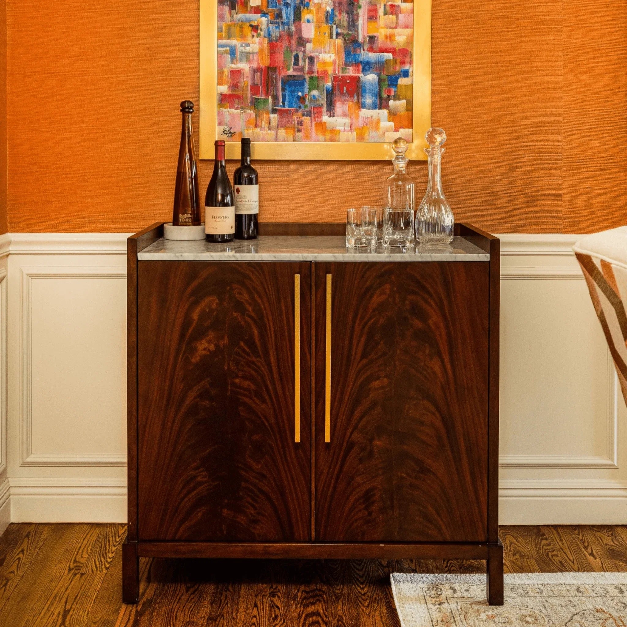 Bar Cabinet with Flame Grain Veneer and Vertical Gold Pulls