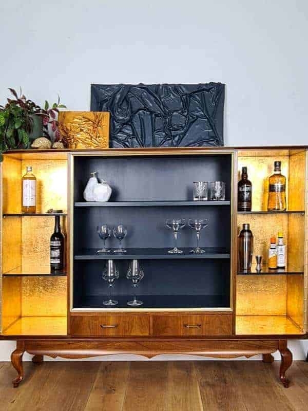 Bar Cabinet with Gold Leaf Interior and Wood Cabriole Legs