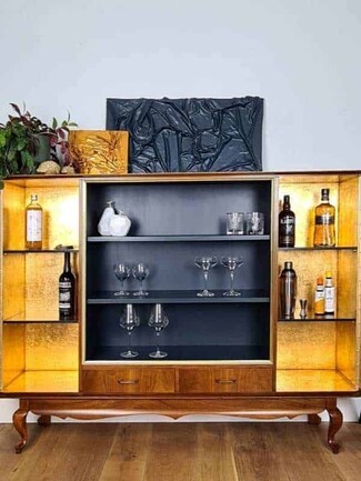 Bar Cabinet with Gold Leaf Interior and Wood Cabriole Legs
