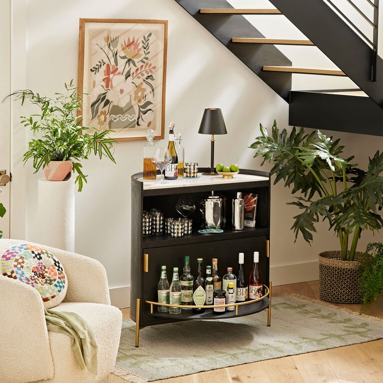Bar Cabinet with Half Circle Shape and Gold Rail Detail