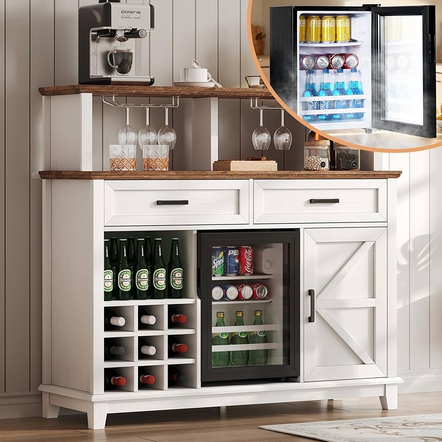 Bar Cabinet with Integrated Beverage Fridge and Barn Door
