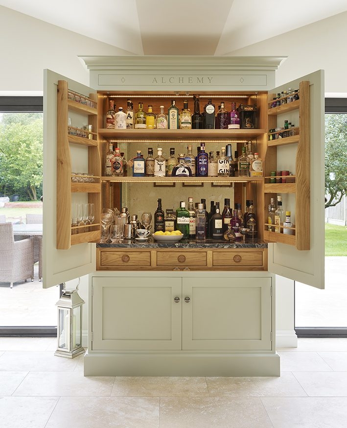 Bar Cabinet with Sage Green Exterior and Alchemy Engraving