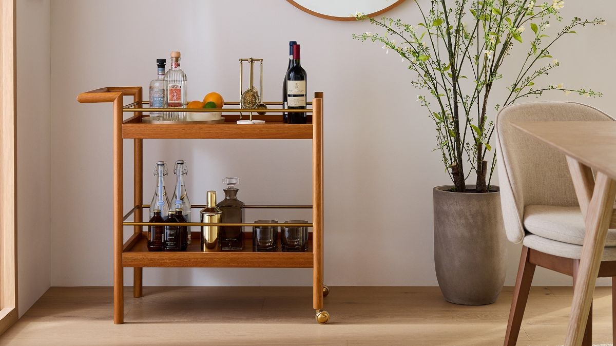 Bar Cart Brass Gallery Rails Acorn Two-Tier Wooden Rolling Bar