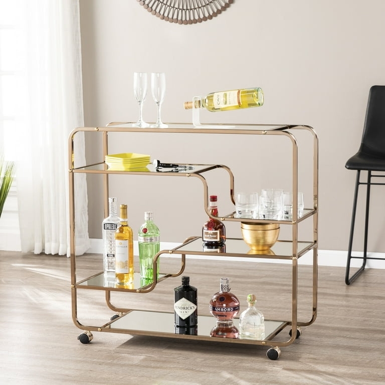 Bar Cart Champagne Finish Asymmetrical Modern Mobile Bar