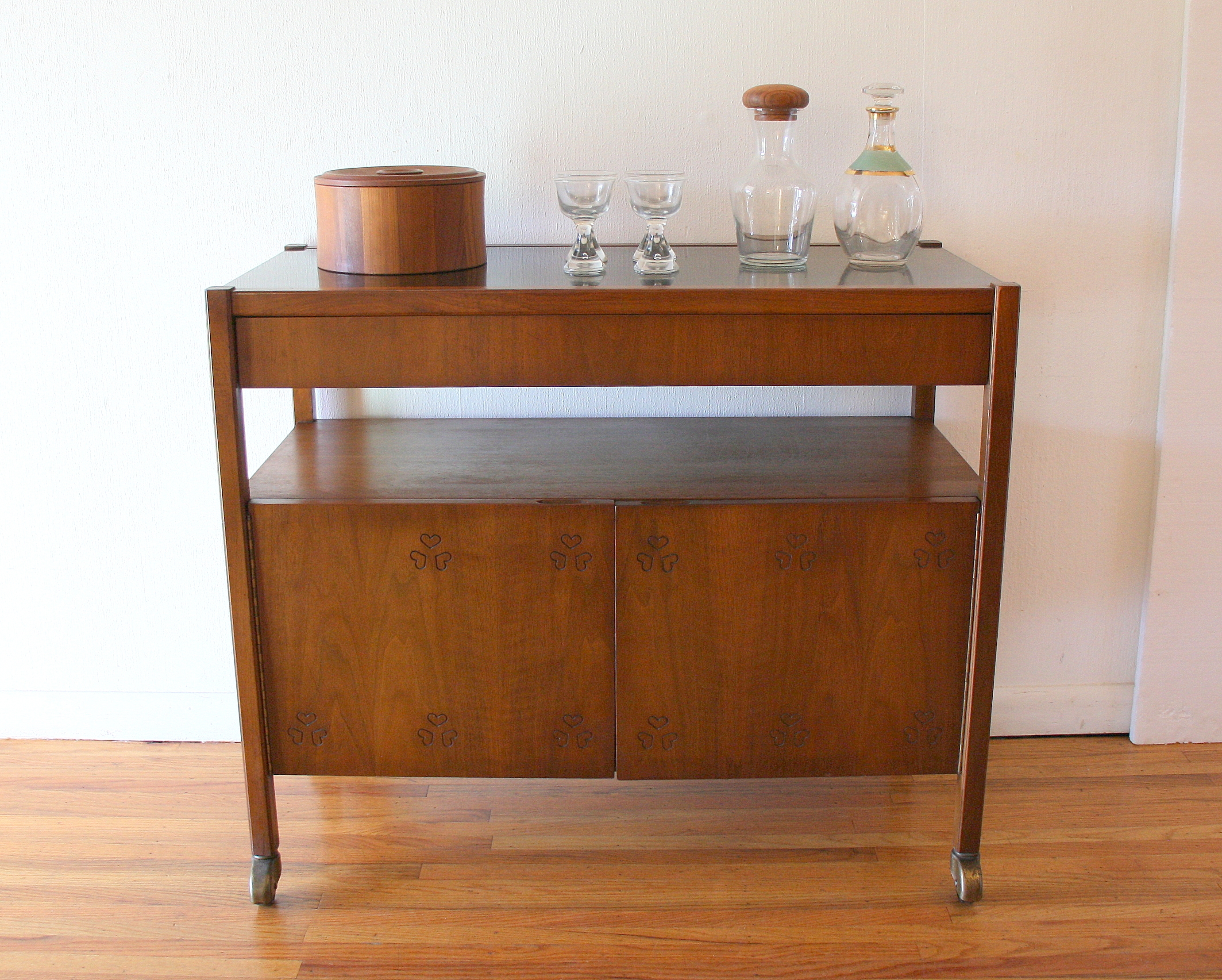 Bar Cart Clover Inlays Walnut Mid-Century Bar Storage Unit