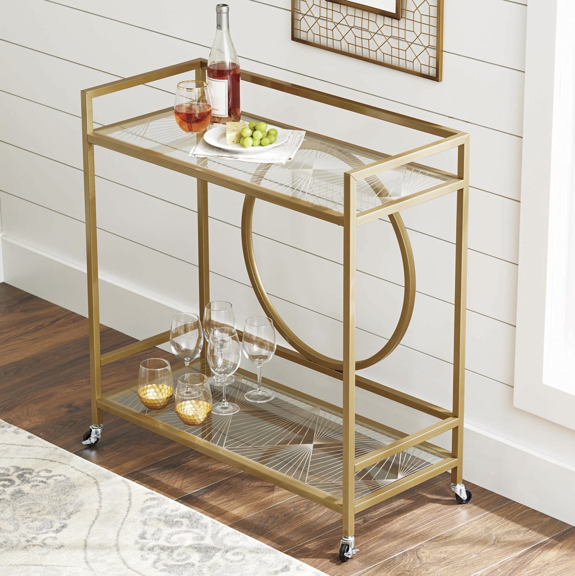 Bar Cart Geometric Circle Frame Gold Etched Glass Drink Trolley