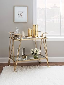 Bar Cart Gold Metal Frame Mirrored Two-Tier Serving Trolley