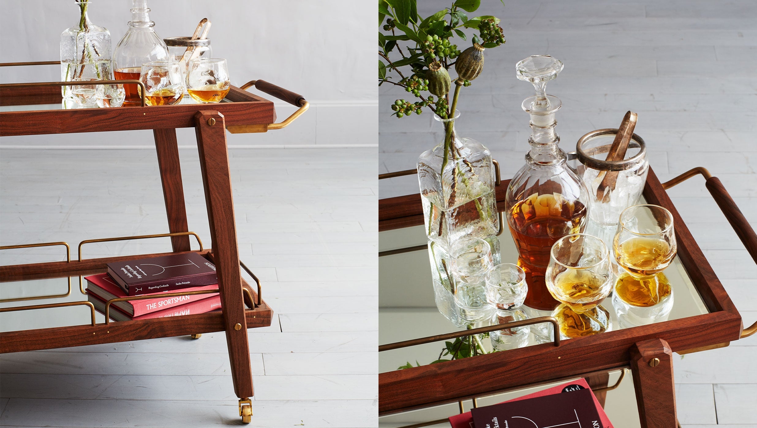 Bar Cart Mirrored Shelves Leather Handle Mid-Century Rolling Beverage