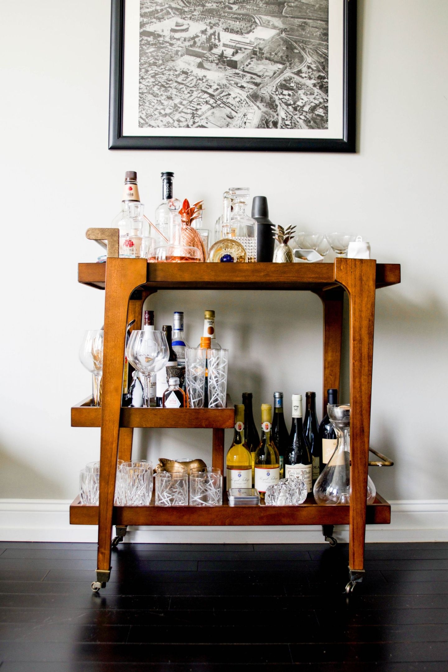 Bar Cart Staggered Shelving Walnut Tiered Wood Beverage Trolley