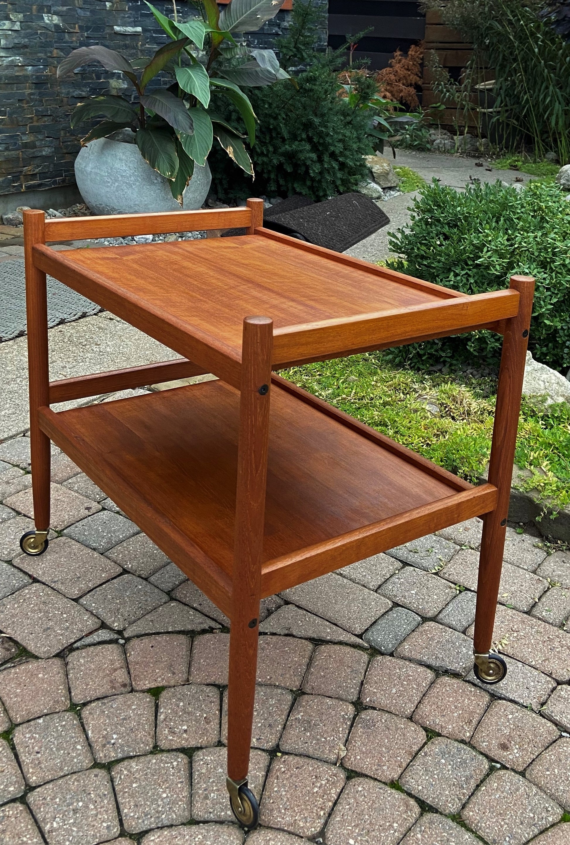 Bar Cart Teak Wood Danish Mid-Century Rolling Trolley