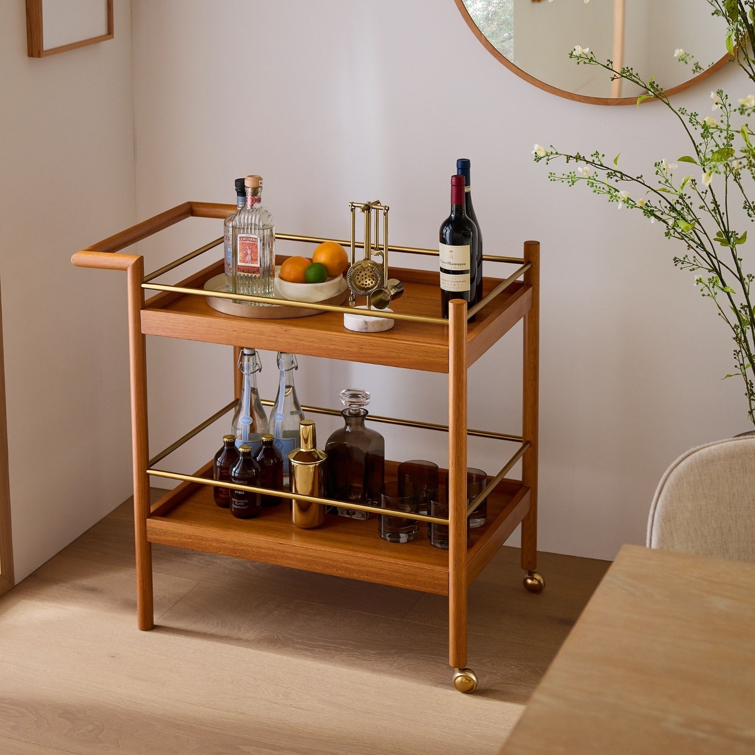 Bar Cart Walnut Finish Integrated Handle Rolling Wood Drink Trolley