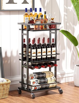Bar Cart with Horizontal Wine Rack and Lockable Casters