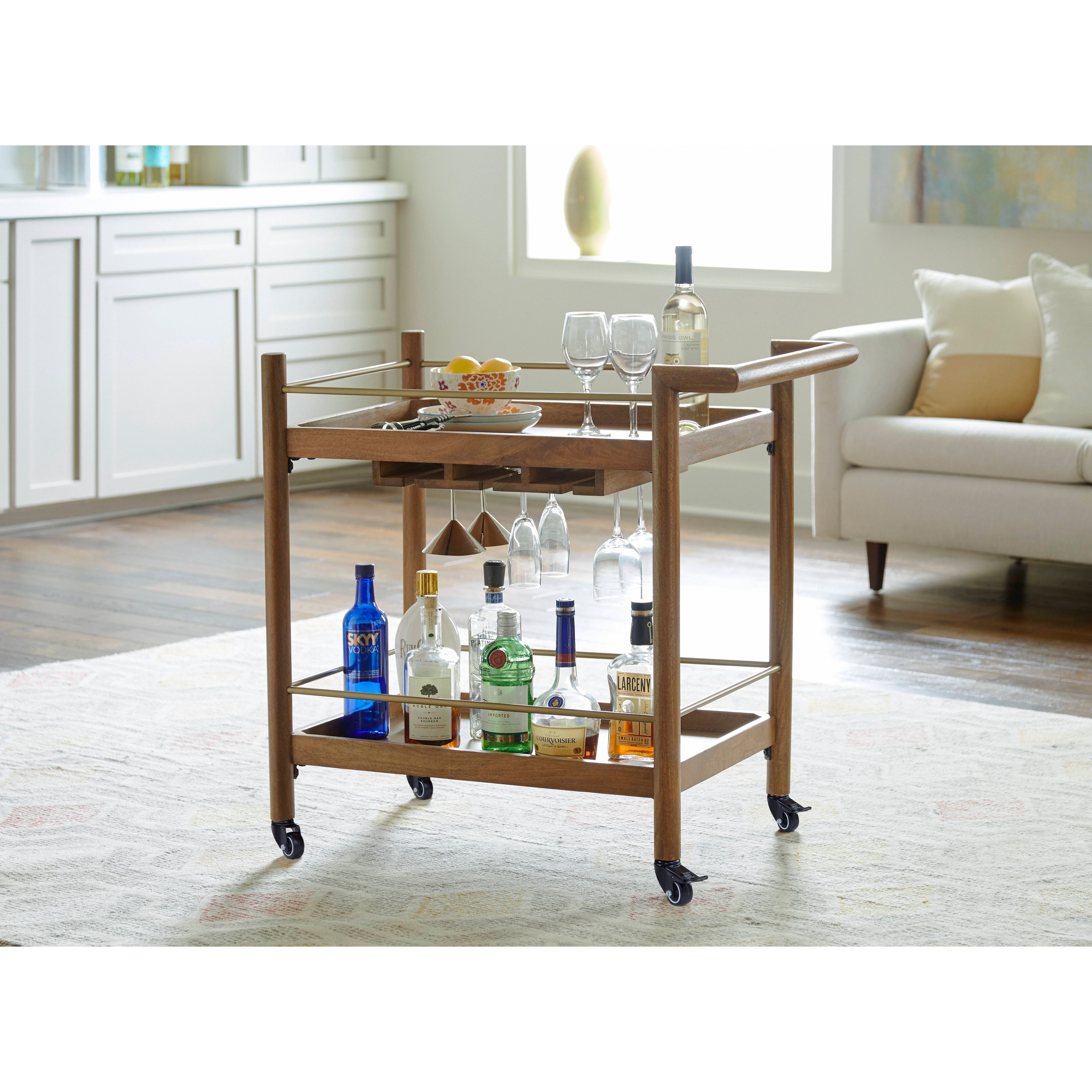 Bar Cart with Stemware Storage Nutmeg Mid-Century Rolling Bar Cart