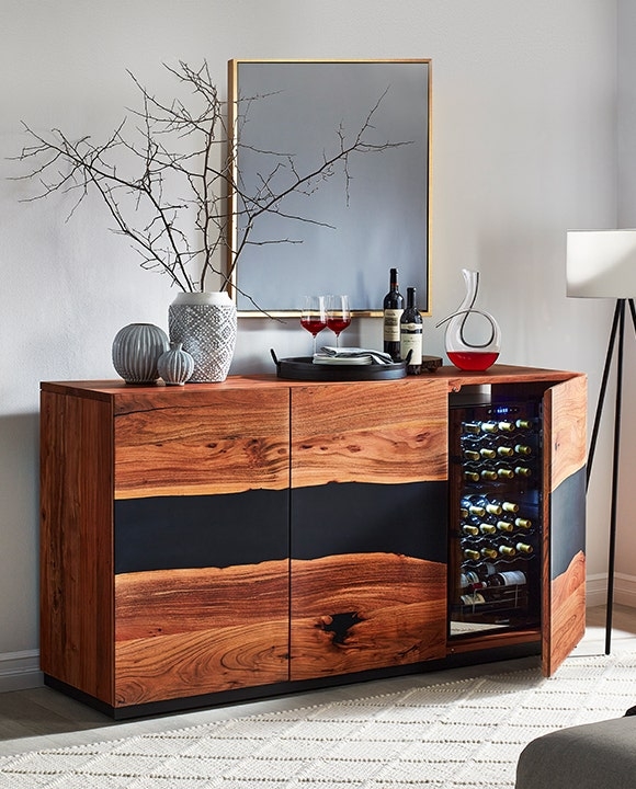 Bar Credenza: Live Edge Wine Credenza with Integrated Fridge