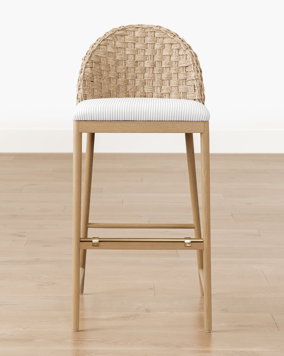 Bar Stool Arched Woven Back and Pinstripe Upholstery
