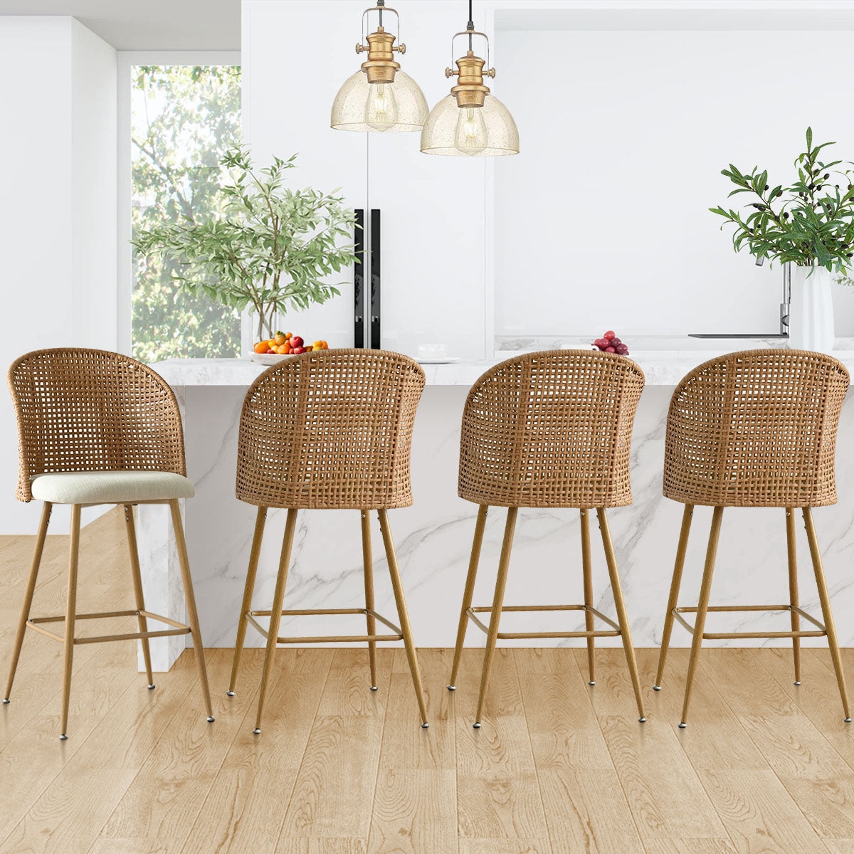 Bar Stool Gold Tapered Legs with Beige Rattan Backrest