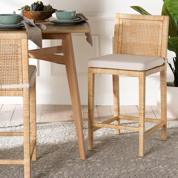 Bar Stool Rattan Wrapped Frame and Cane Backrest Tan