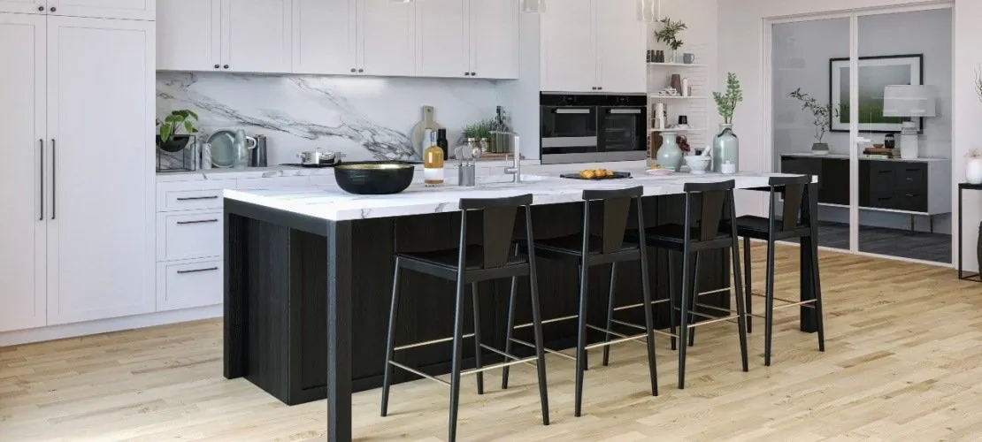 Bar Stool Seating at Black Island with Marble Slab Backsplash