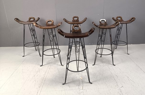 Bar Stool Set of 6 with Triple Cutout Handles and Saddle Seat