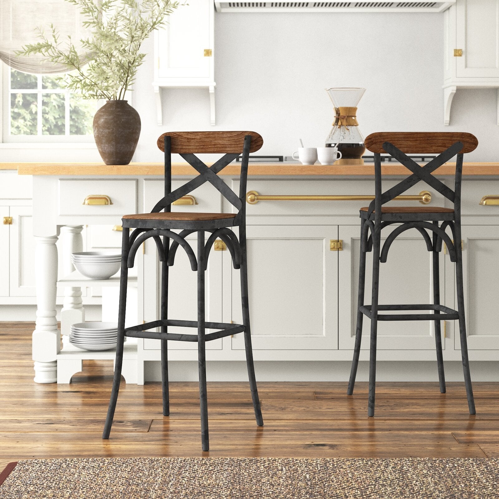 Bar Stool with Cross Back and Curved Metal Braces Design