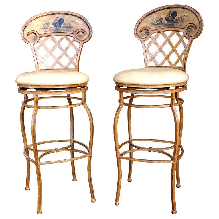 Bar Stool with Painted Rooster Motif and Lattice Backrest