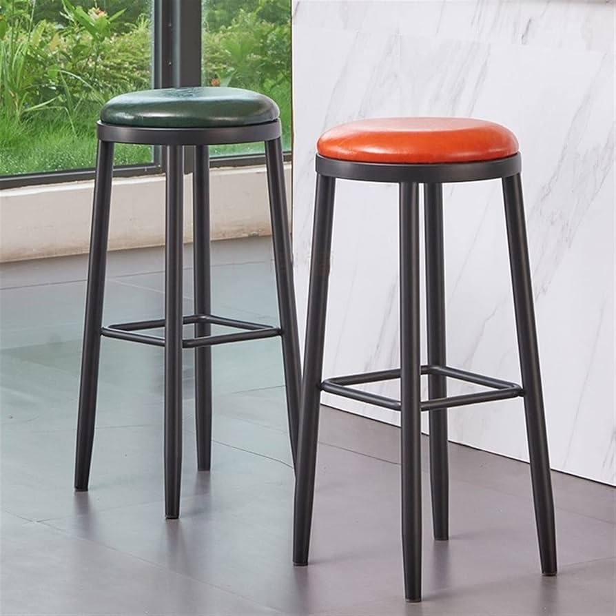 Bar Stool with Round Padded Seat and Tapered Metal Legs
