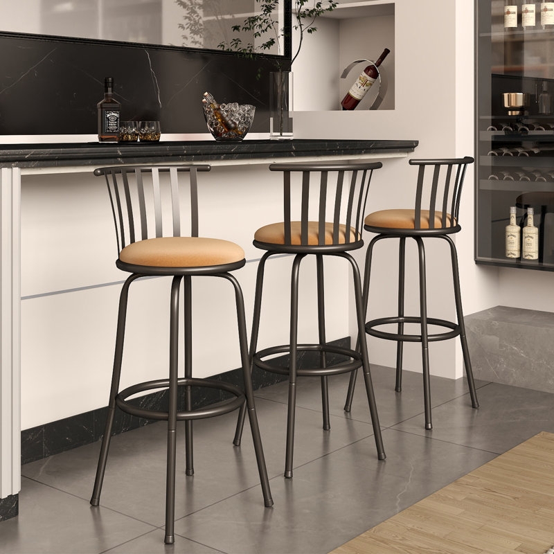 Bar Stool with Spindle Back and Camel Tan Upholstery