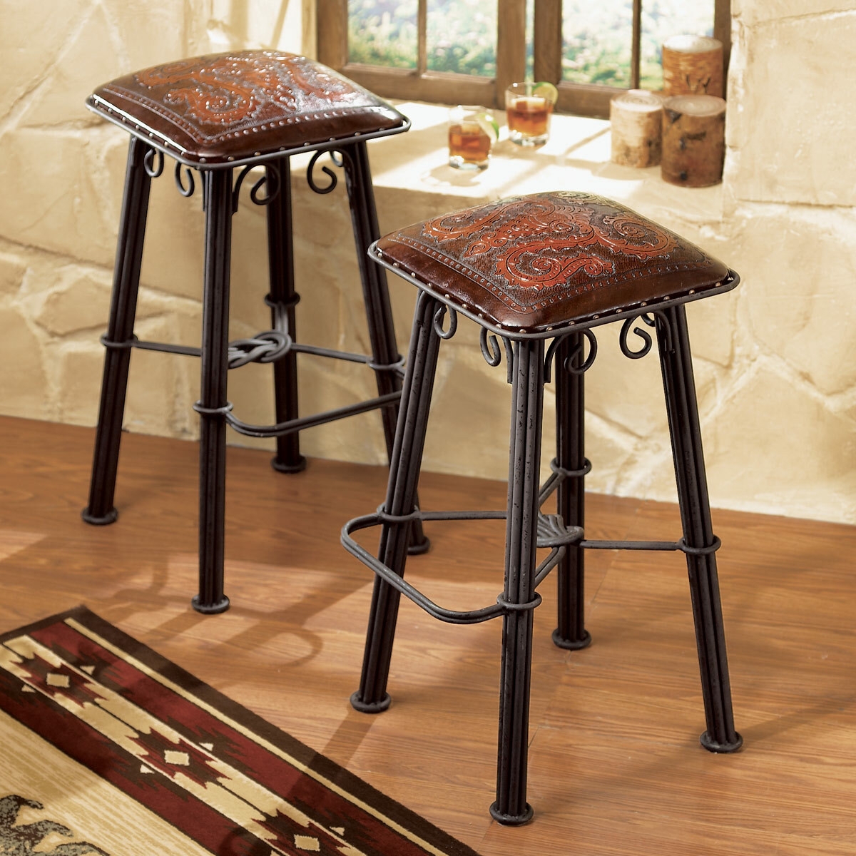 Bar Stool with Tooled Leather Seat and Iron Scrollwork