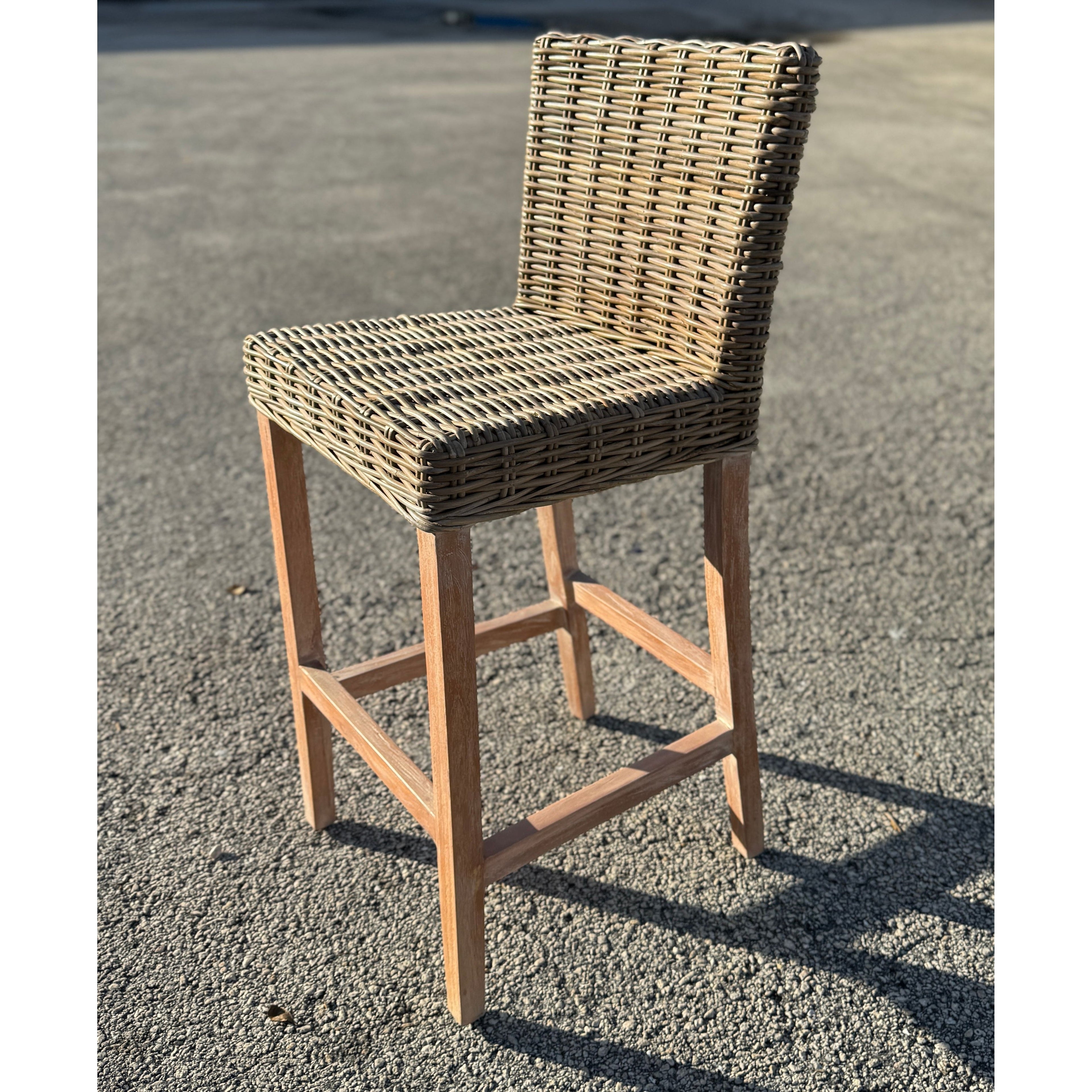 Bar Stool Woven Rattan Back and Weathered Wood Frame