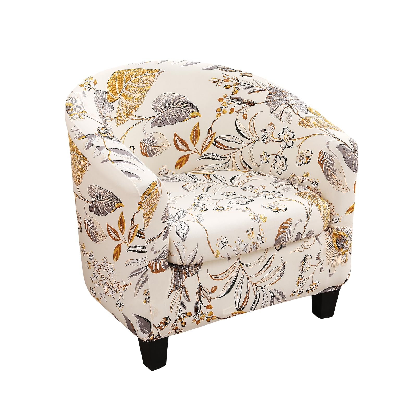 Barrel Chair in Mustard Yellow with Botanical Leaf Print