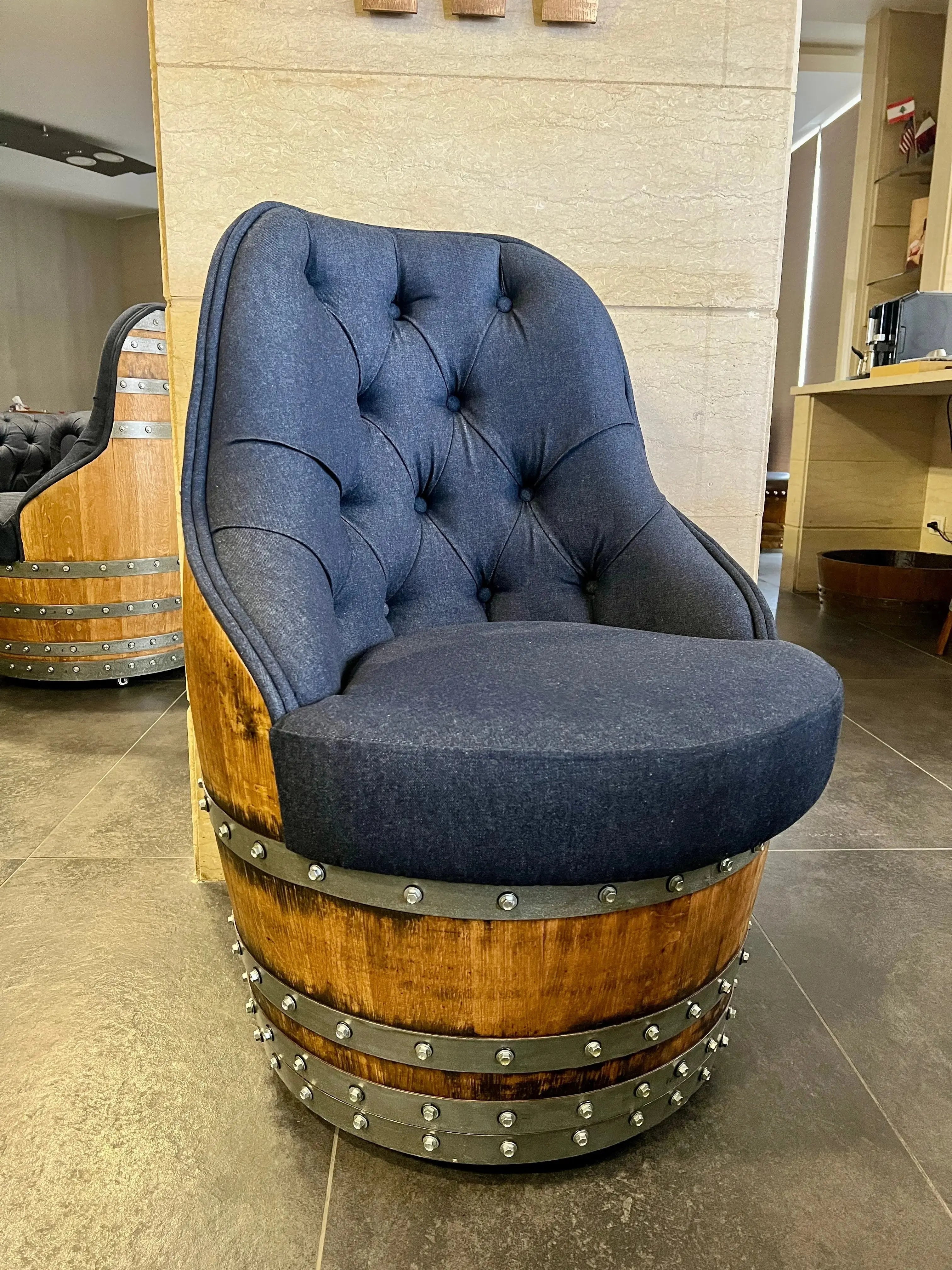 Barrel Chair with Barrel Frame and Rivet Details Tufted Back