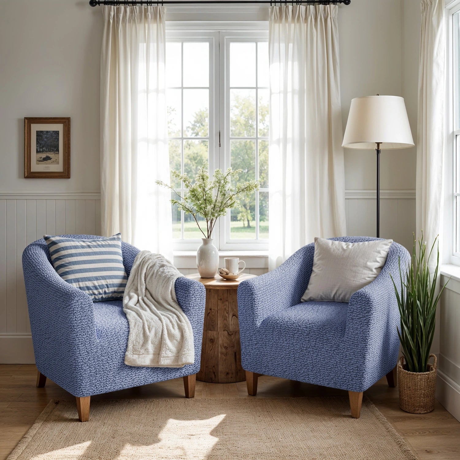 Barrel Chair with Muted Blue Waffle Weave Fitted Slipcover