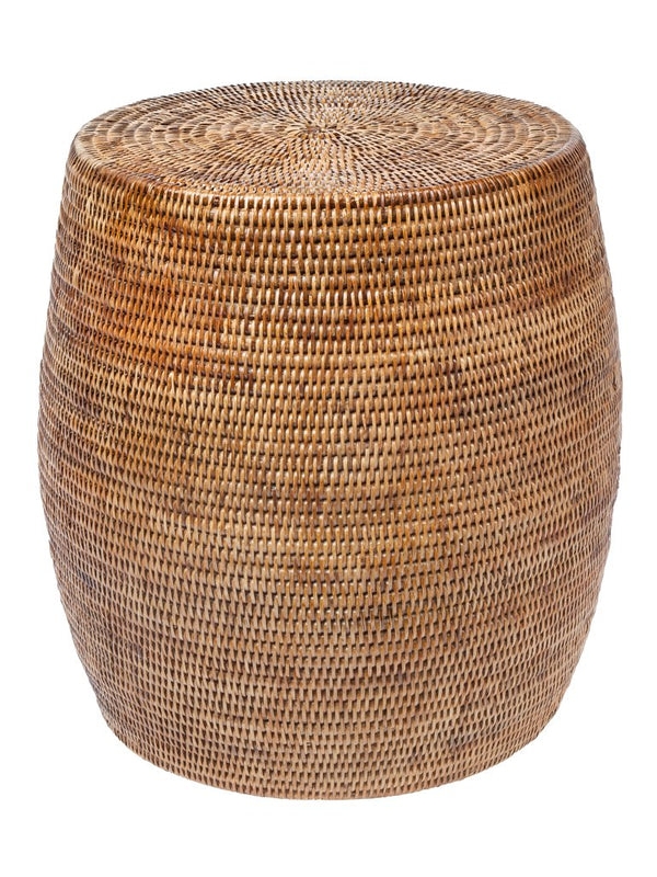 Barrel Stool Spiral Weave Top Honey Brown Rattan Drum
