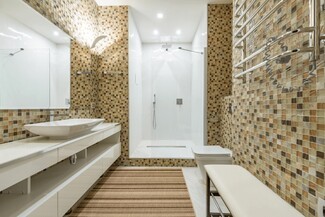 Bathroom Bench White Padded Modern Seating Mosaic Wall
