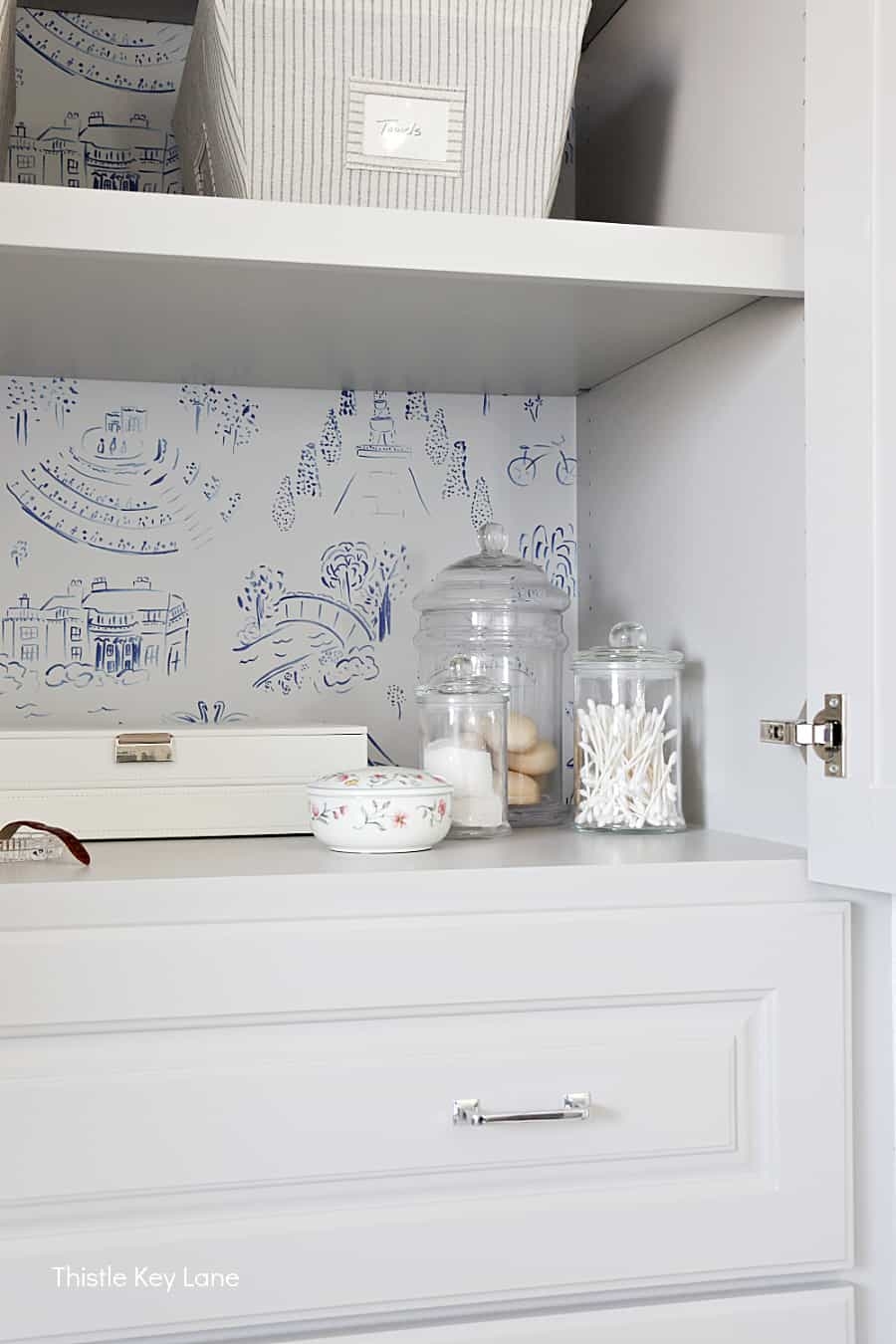 Bathroom Cabinet Blue Toile Wallpaper Backing Vanity