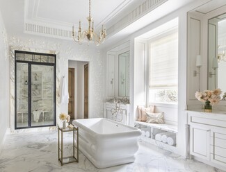 Bathroom Chandelier plus Floral Wall Relief and Marble Bench