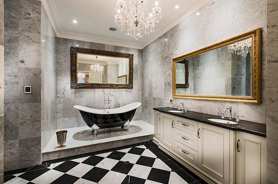 Bathroom Chandelier with Checkerboard Floor and Black Tub
