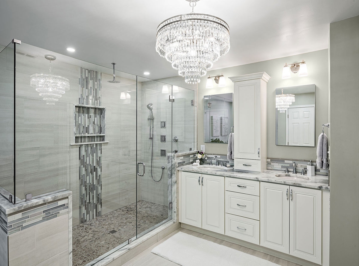 Bathroom Chandelier with Pebble Shower Floor in Master Bath