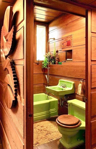 Bathroom Fixtures in Avocado Green Porcelain with Retro Wood Walls