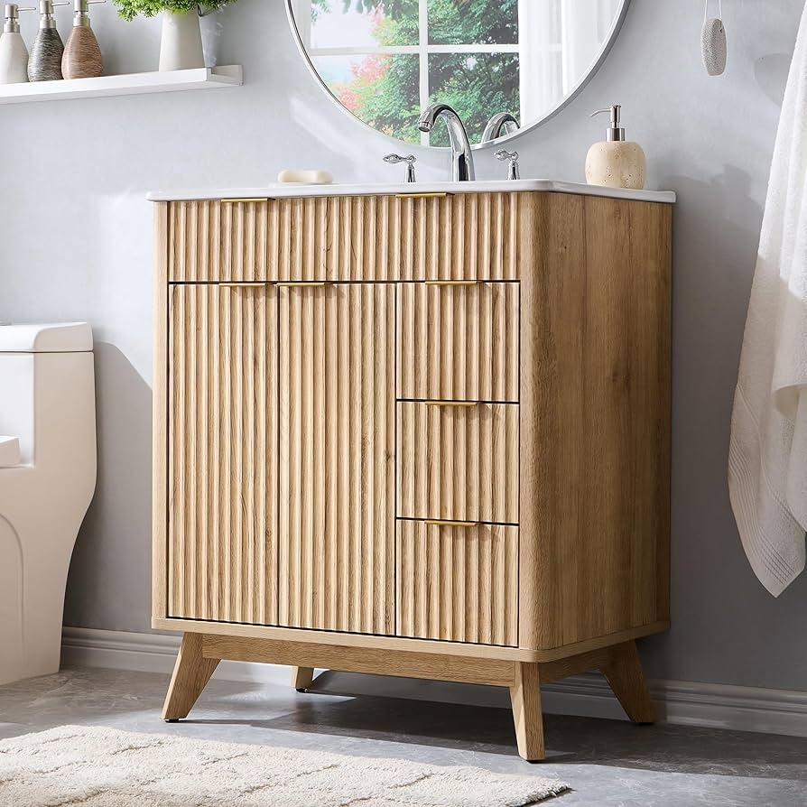 Bathroom Vanity: 30 Inch Natural Oak Fluted Paneling