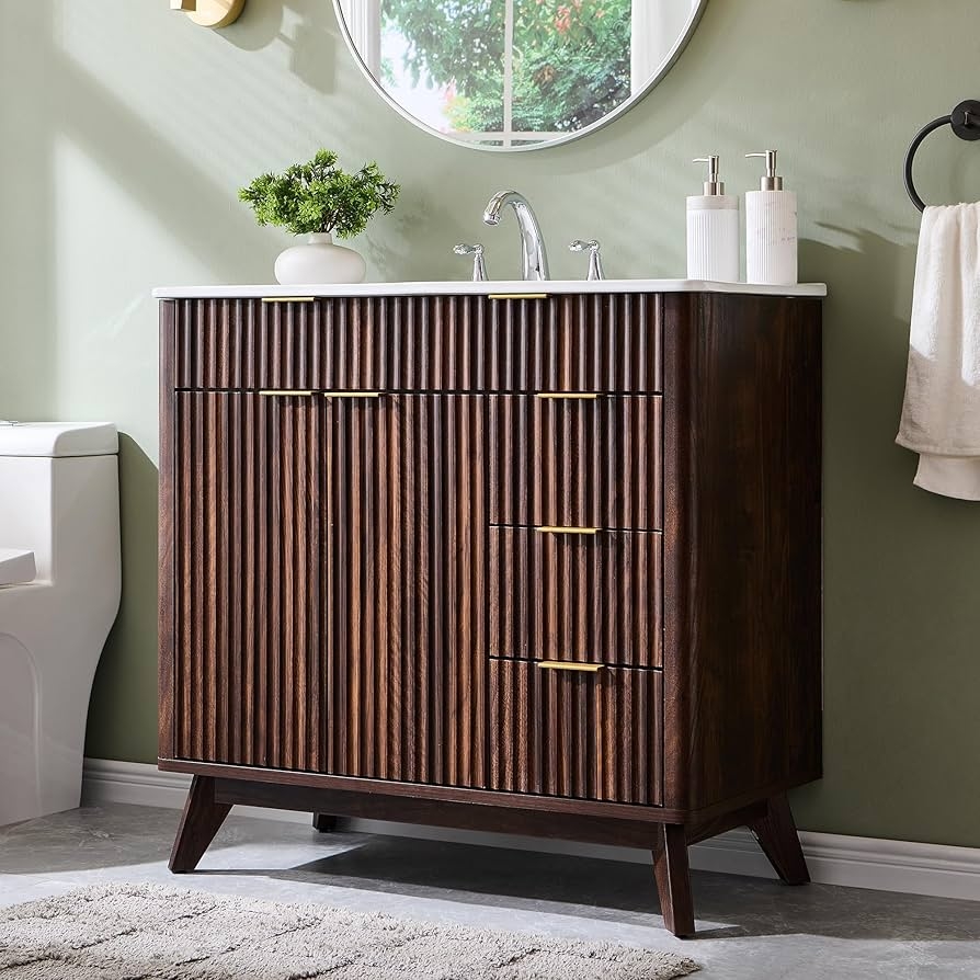 Bathroom Vanity: 36 Inch Dark Walnut Fluted Texture Sink