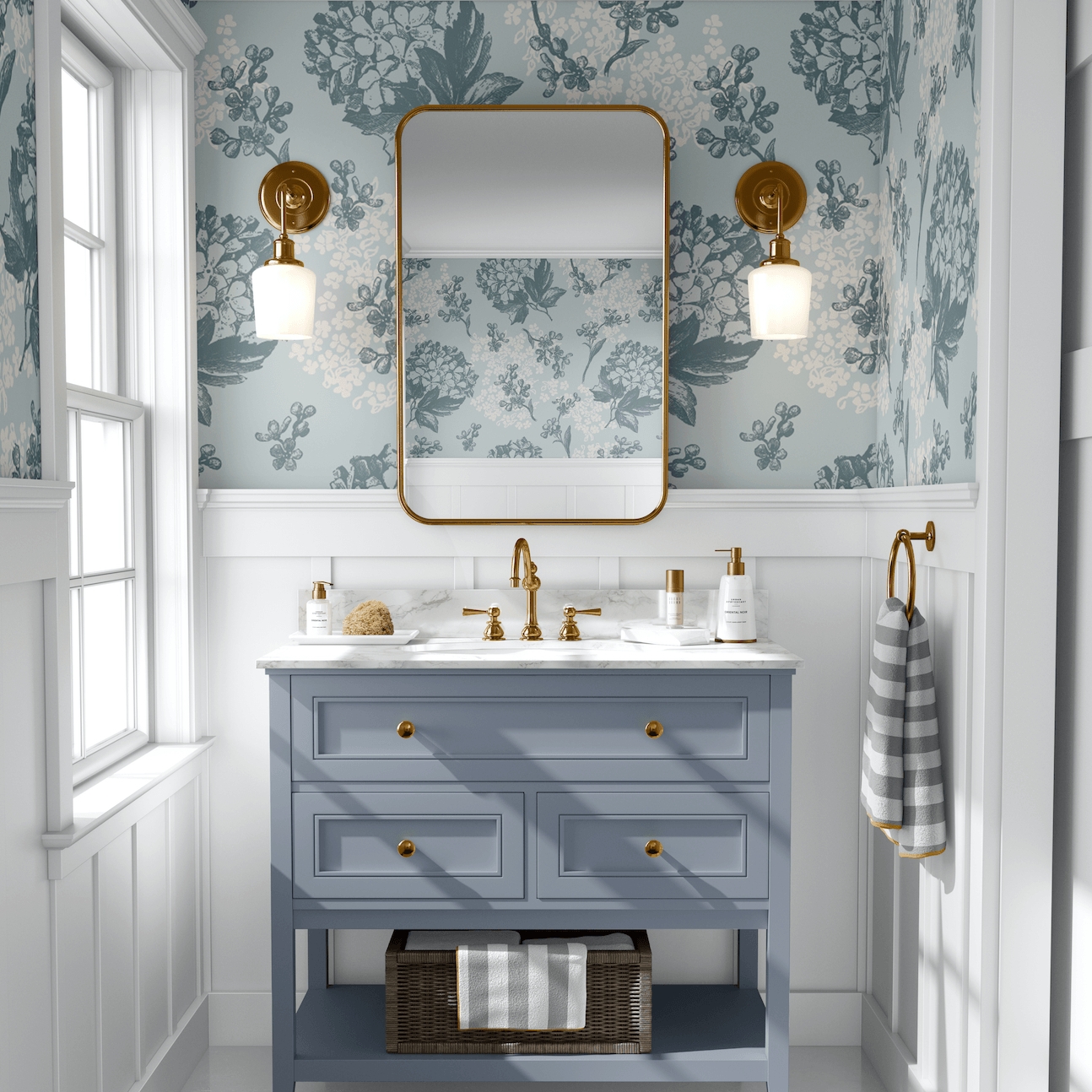 Bathroom Vanity Blue Botanical Print Blue floral bathroom wallpaper