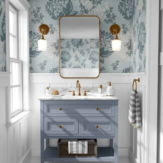 Bathroom Vanity Blue Botanical Print Blue floral bathroom wallpaper