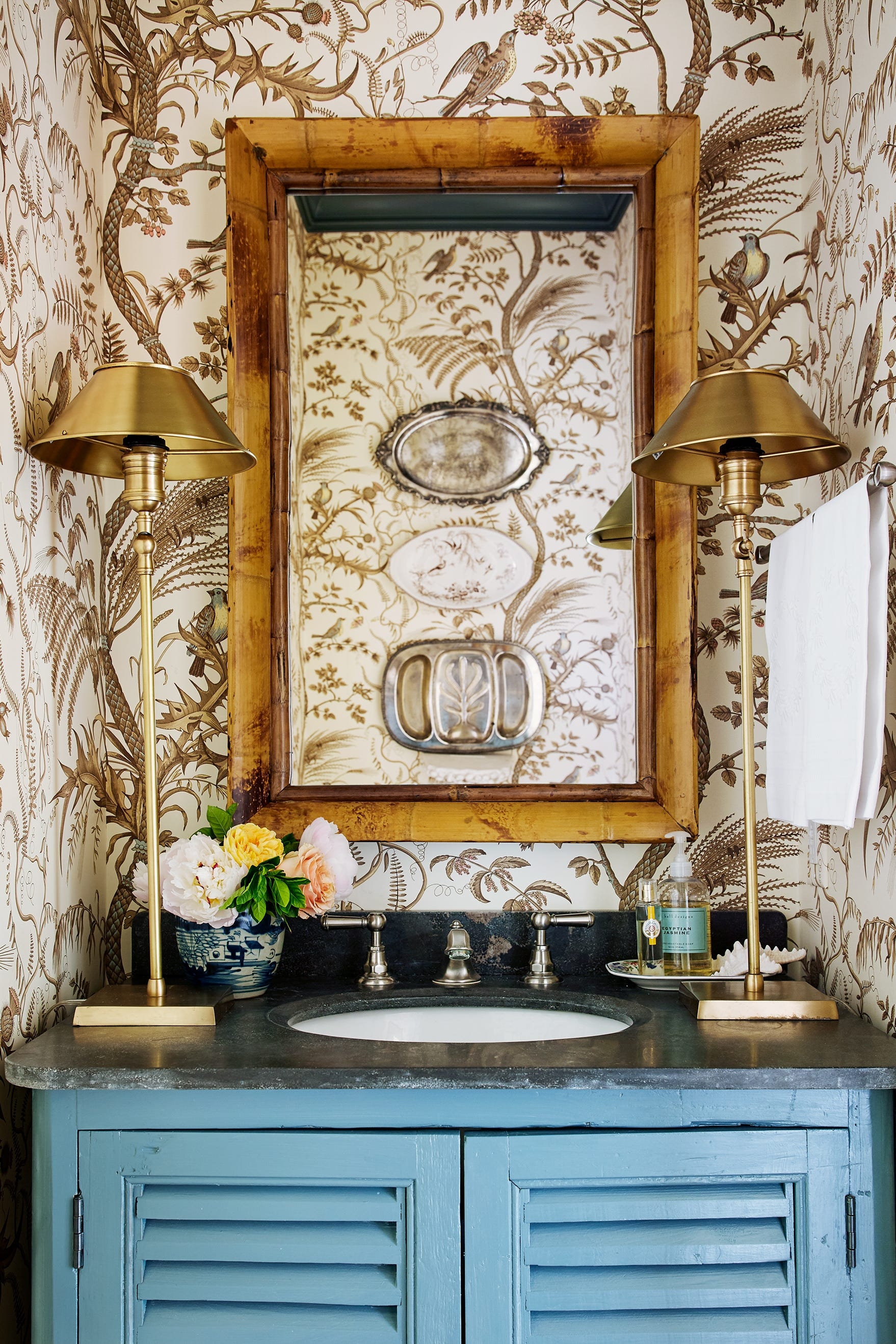 Bathroom Vanity: Blue Shutter Vanity Botanical Bird Print
