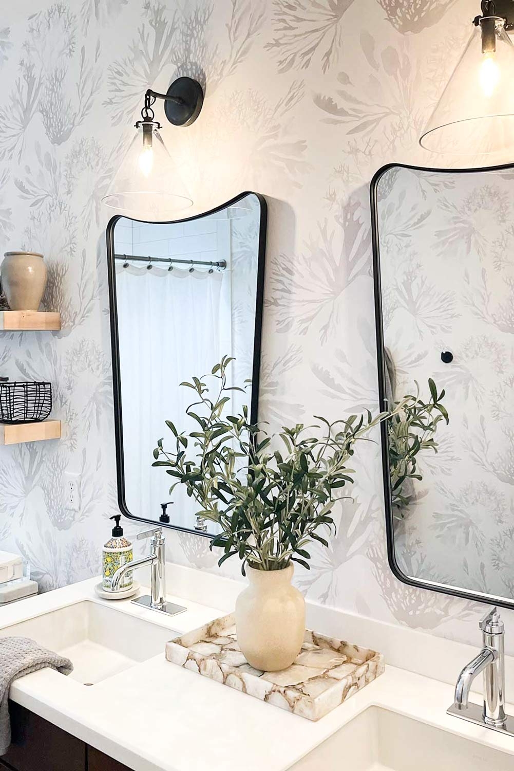 Bathroom Vanity: Coral Pattern Wallpaper Coastal Decor