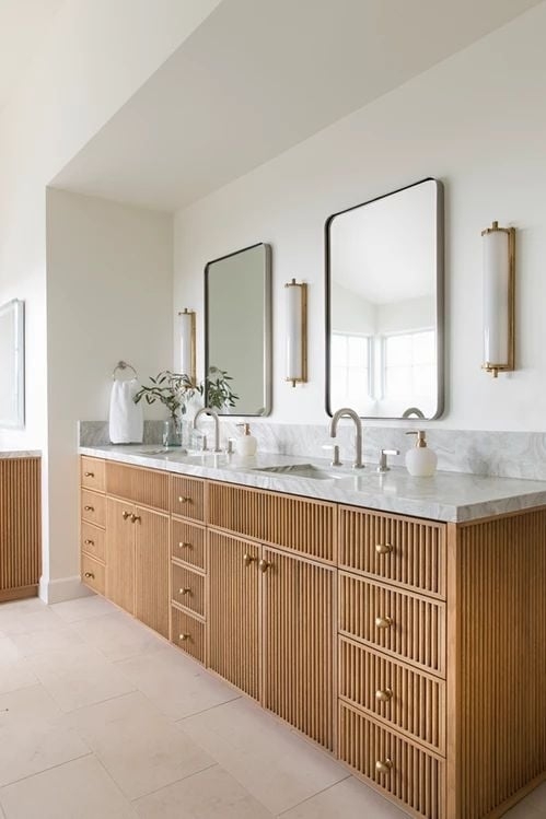 Bathroom Vanity: Fluted Wood Texture with Marble Top Double