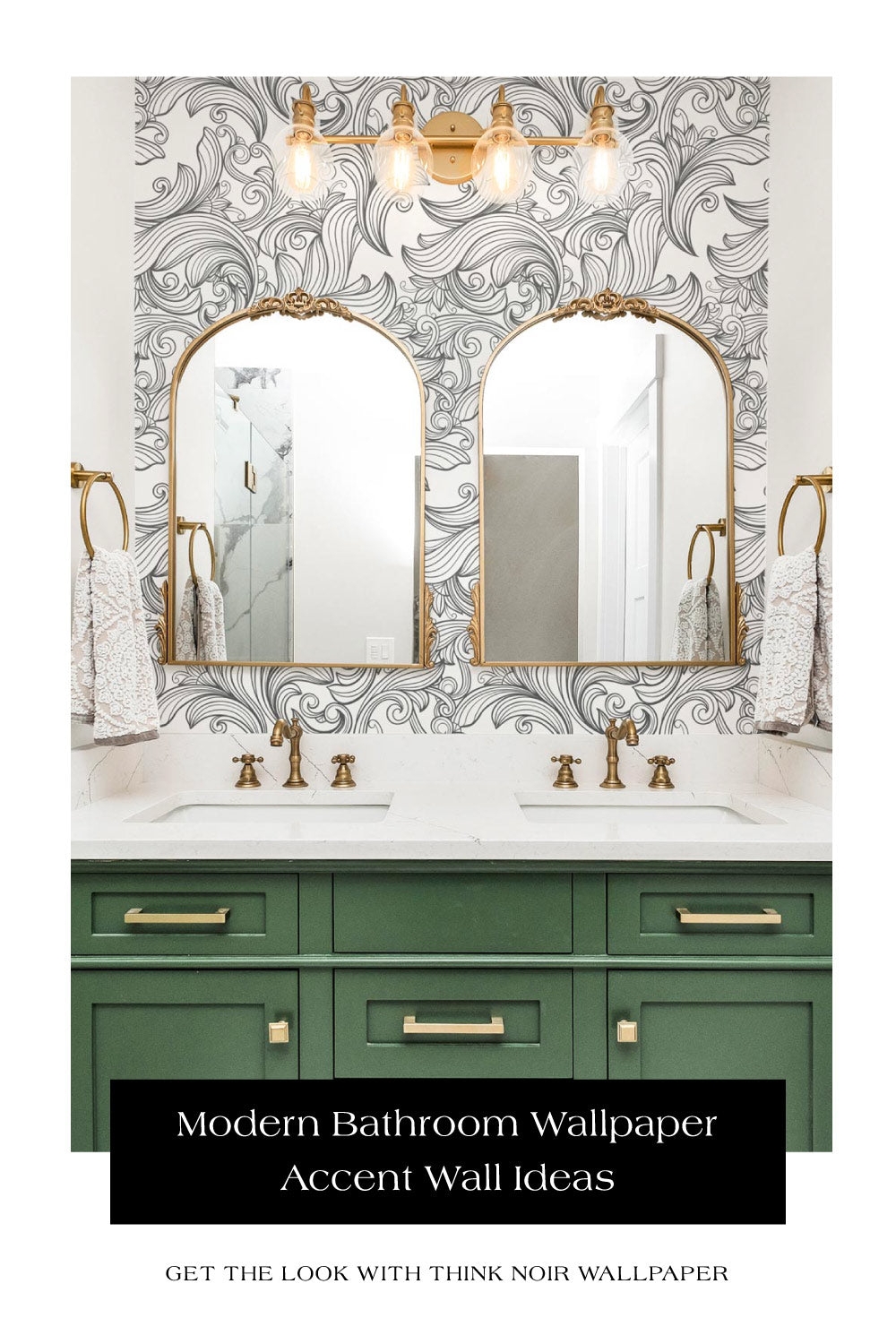 Bathroom Vanity: Forest Green Vanity Arched Gold Mirrors