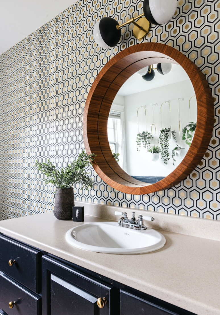 Bathroom Vanity: Geometric Honeycomb Wallpaper Decor