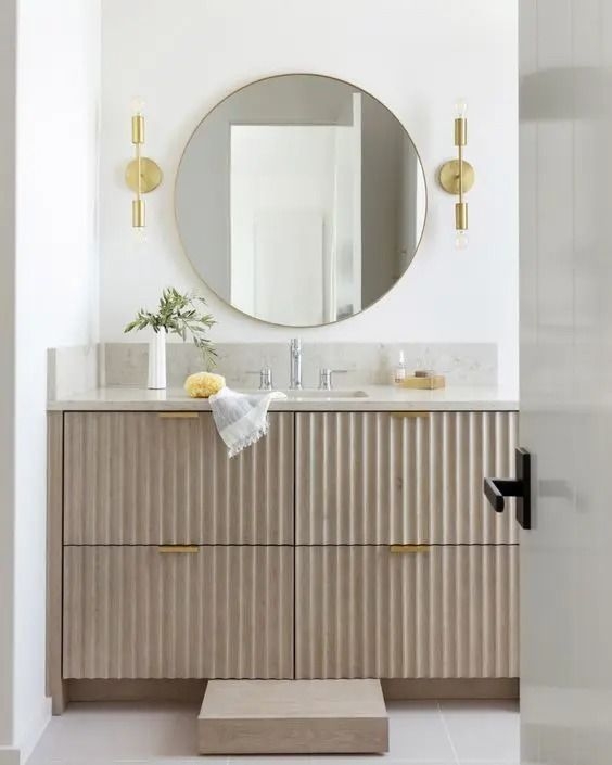 Bathroom Vanity: Greige Fluted Front with Round Mirror