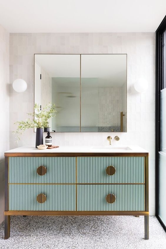 Bathroom Vanity: Mint Green Fluted Fronts and Brass Inlay